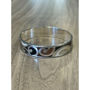 Brighton Enamel Swirl Bangle Bracelet • Silver Tone‎ • Black Brown Cream Pattern